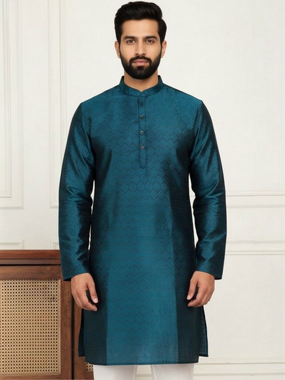 HERE&NOW Men Teal Art Silk Woven Design Straight Kurta with Mandarin Collar