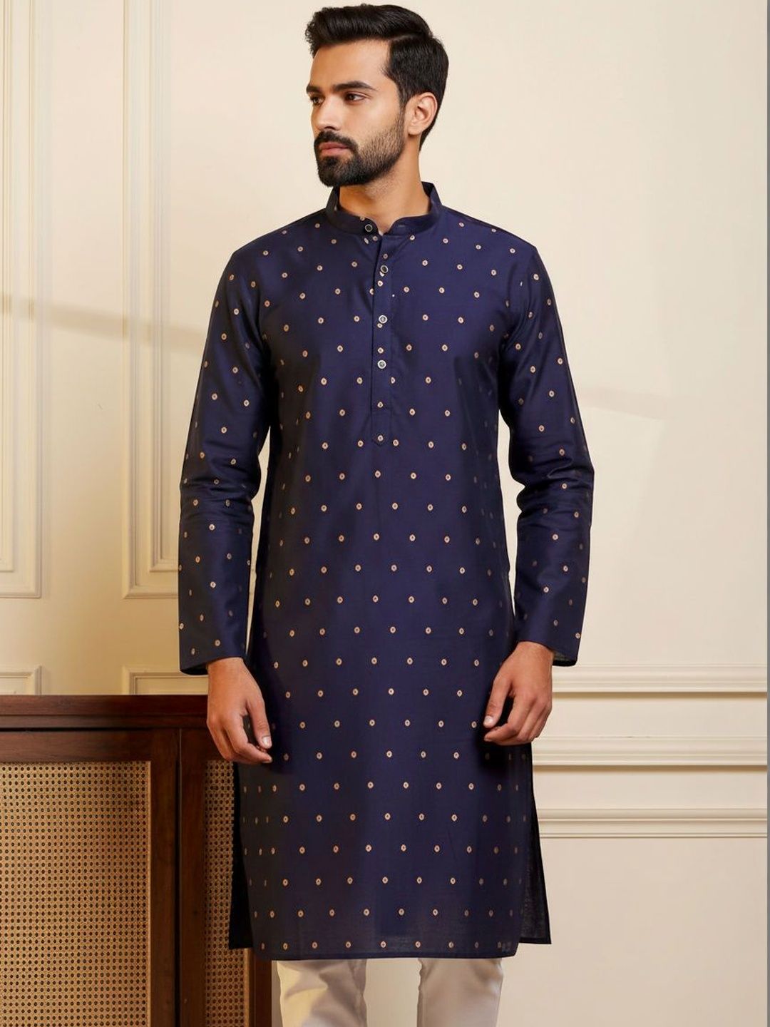 HERE&NOW Men Geometric Printed Thread Work Indigo Kurta