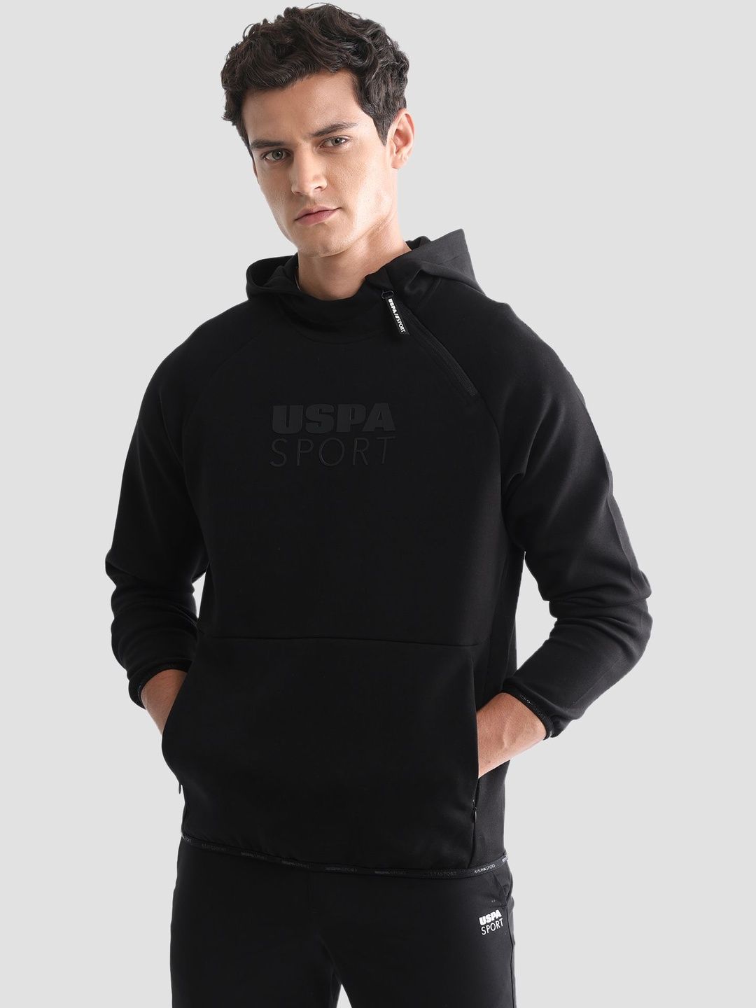 USPA SportSolid Regular Fit Asymmetric Zip Neck Hooded Sweatshirt