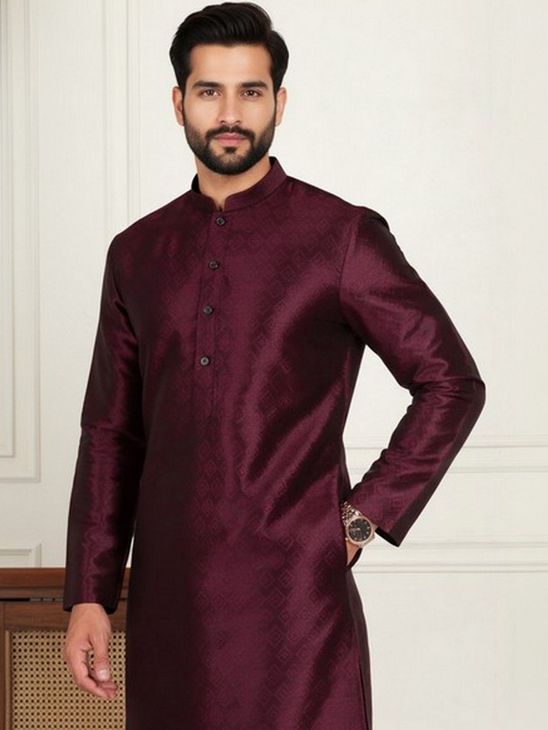 HERE&NOW Men Maroon Woven Design Straight Kurta