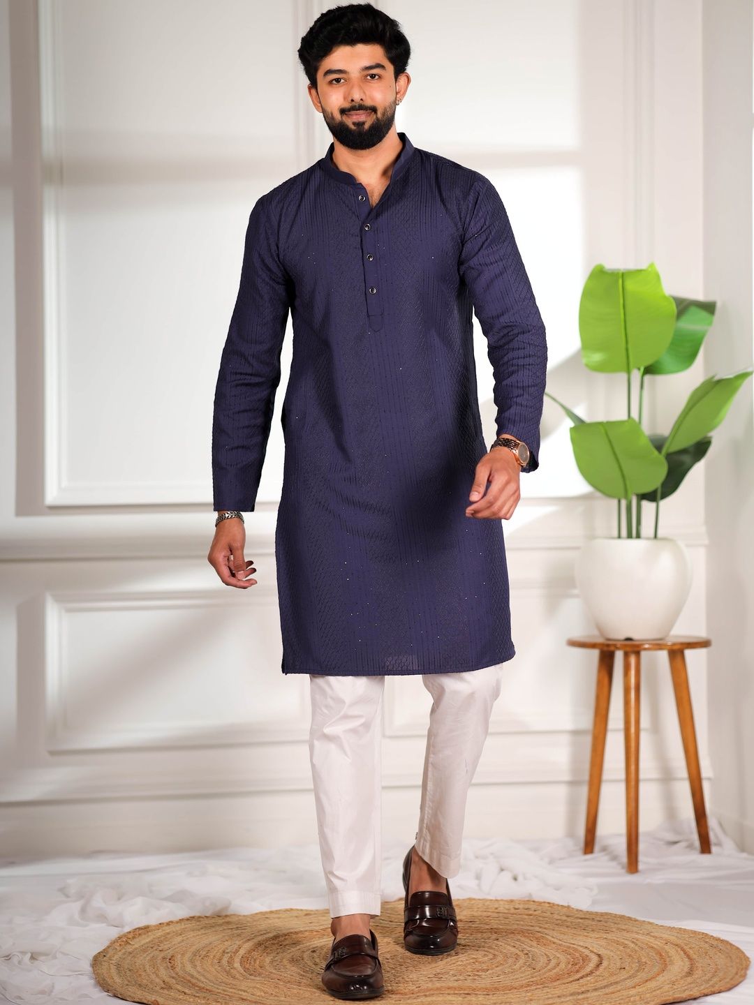 Koshin Men Ethnic Motifs Embroidered Mandarin Collar Thread Work Cotton Straight Kurtas