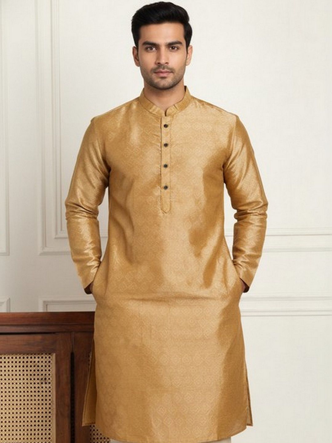 HERE&NOW Men Geometric Thread Work Grandeur & Majestic Artwork Jacquard Kurta