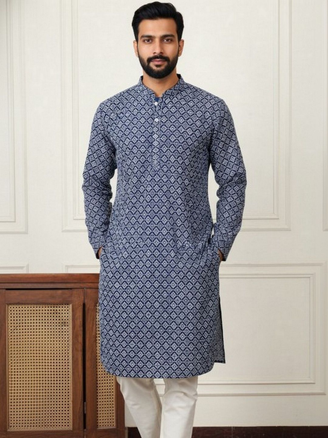 HERE&NOW Men Long Sleeves Mandarin Collar Printed Kurta