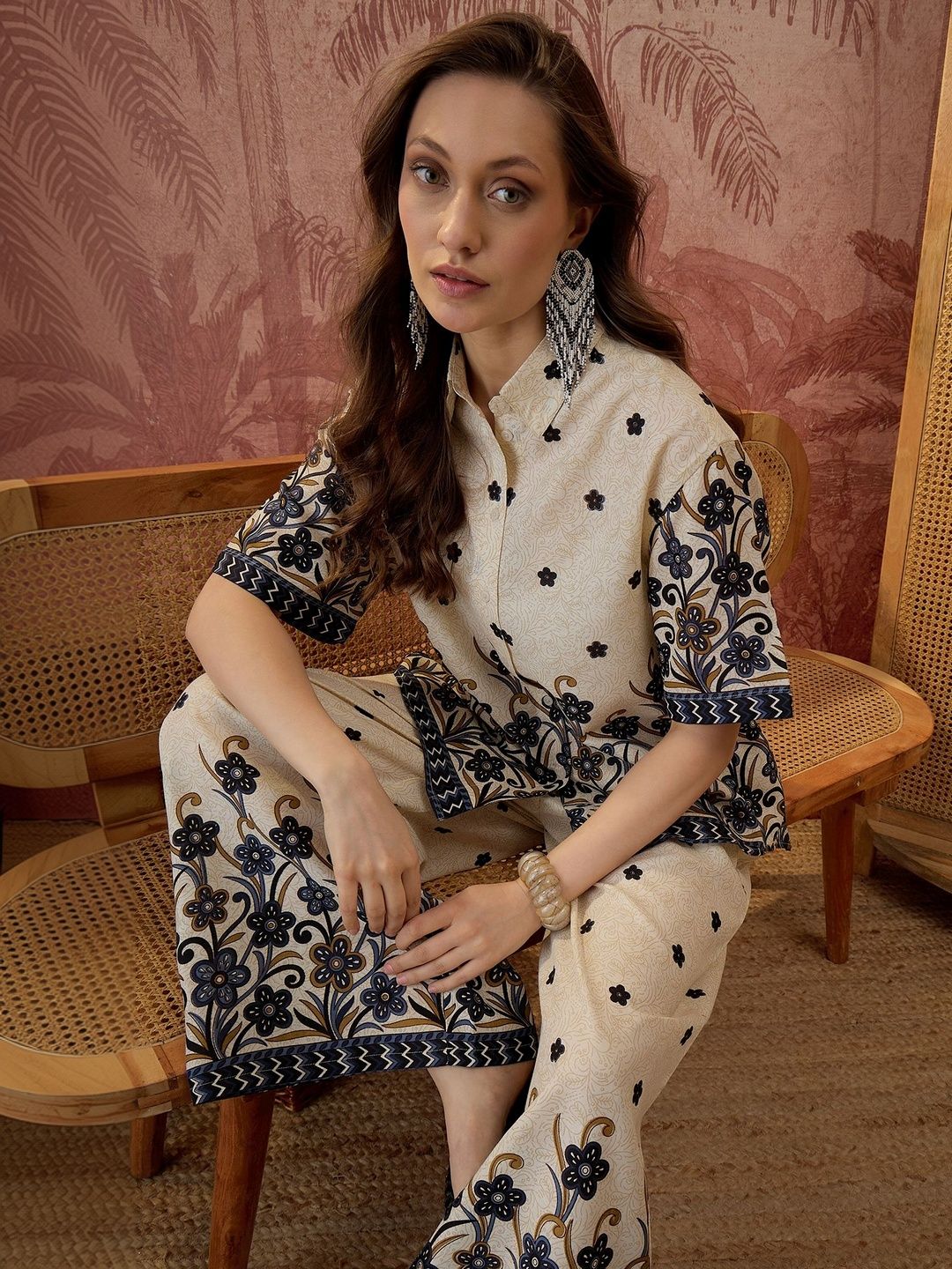 Sangria Printed Short Sleeves Shirt With Palazzo