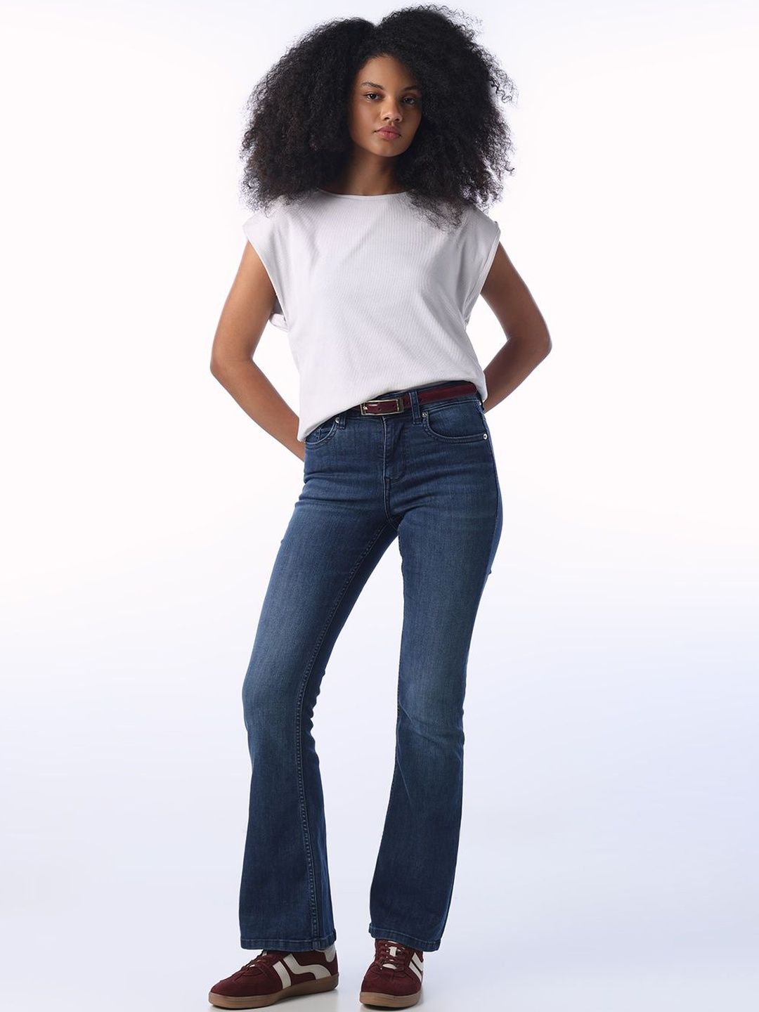 Women Flared High-Rise Jeans ONLY Women's Solid Flared High-rise Blue Jeans