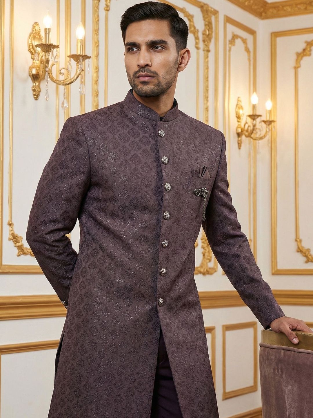 Jompers Self Design Mandarin Collar Sherwani