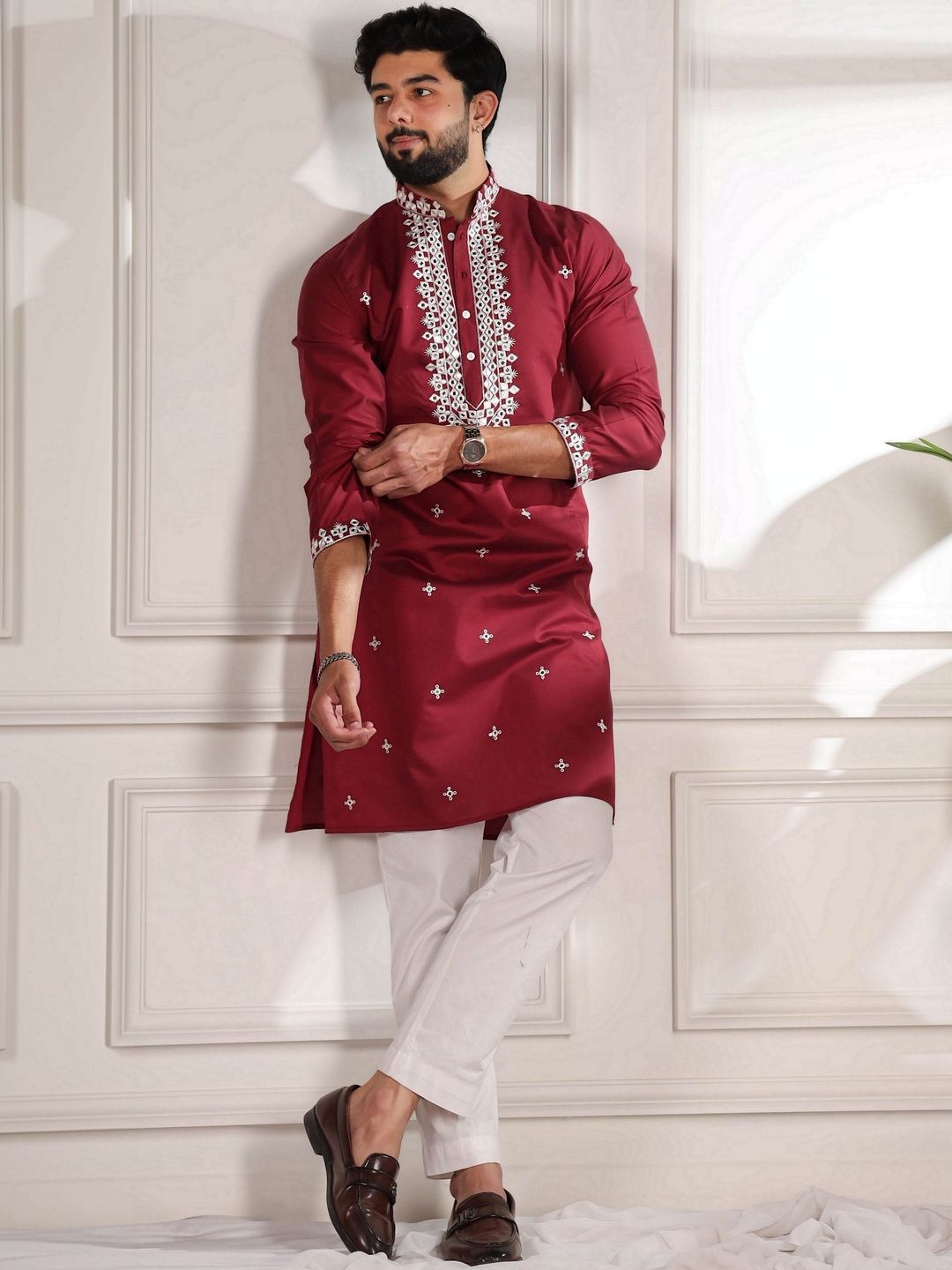 Koshin Koshin Men Ethnic Motifs Embroidered Regular Thread Work Pure Cotton Kurta with Pyjamas