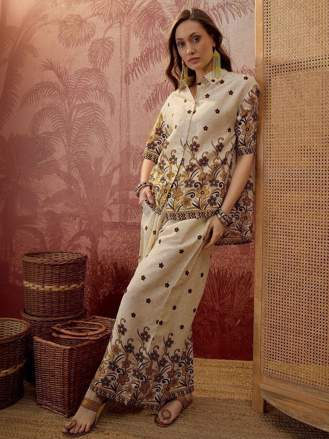 Sangria Printed Short Sleeves Shirt With Palazzo