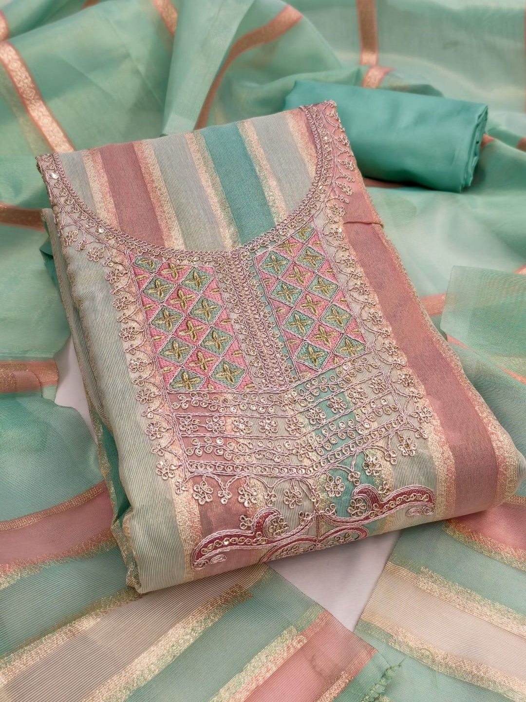 Dhaaga Ghar Blue Simmer Silk Embroidery Work Unstitched Dress Material