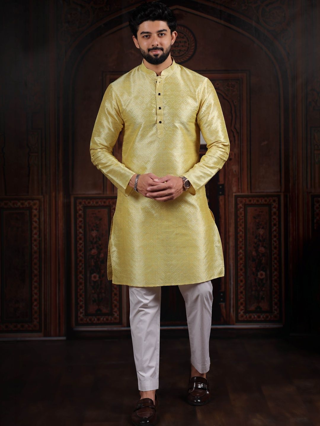 Koshin Men Lemon Yellow Woven Design Art Silk Straight Kurtas