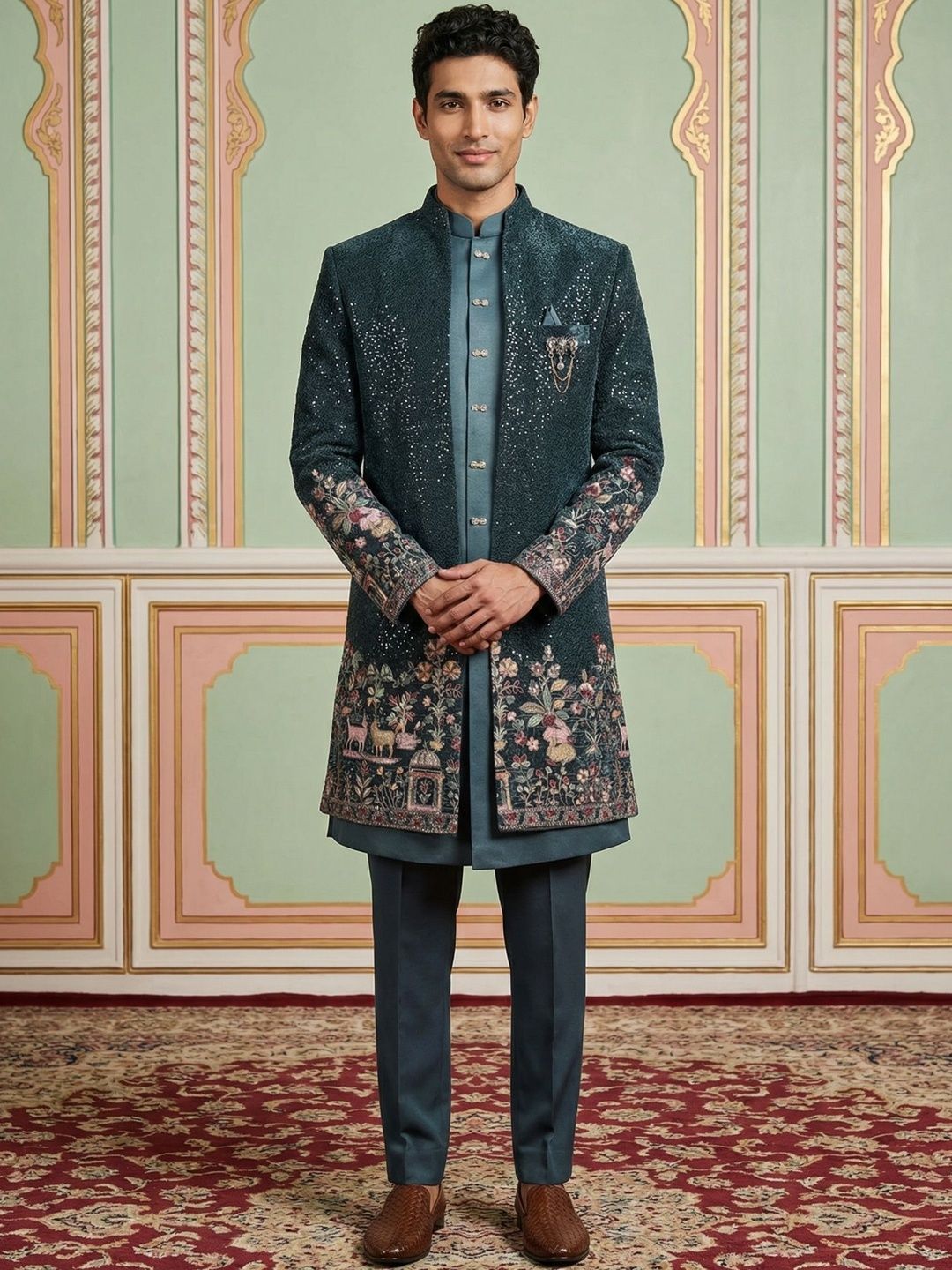 Jompers Embroidered Mandarin Collar Sherwani