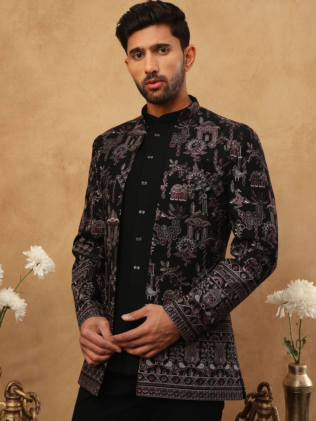 Jompers Embroidered Mandarin Collar Sherwani