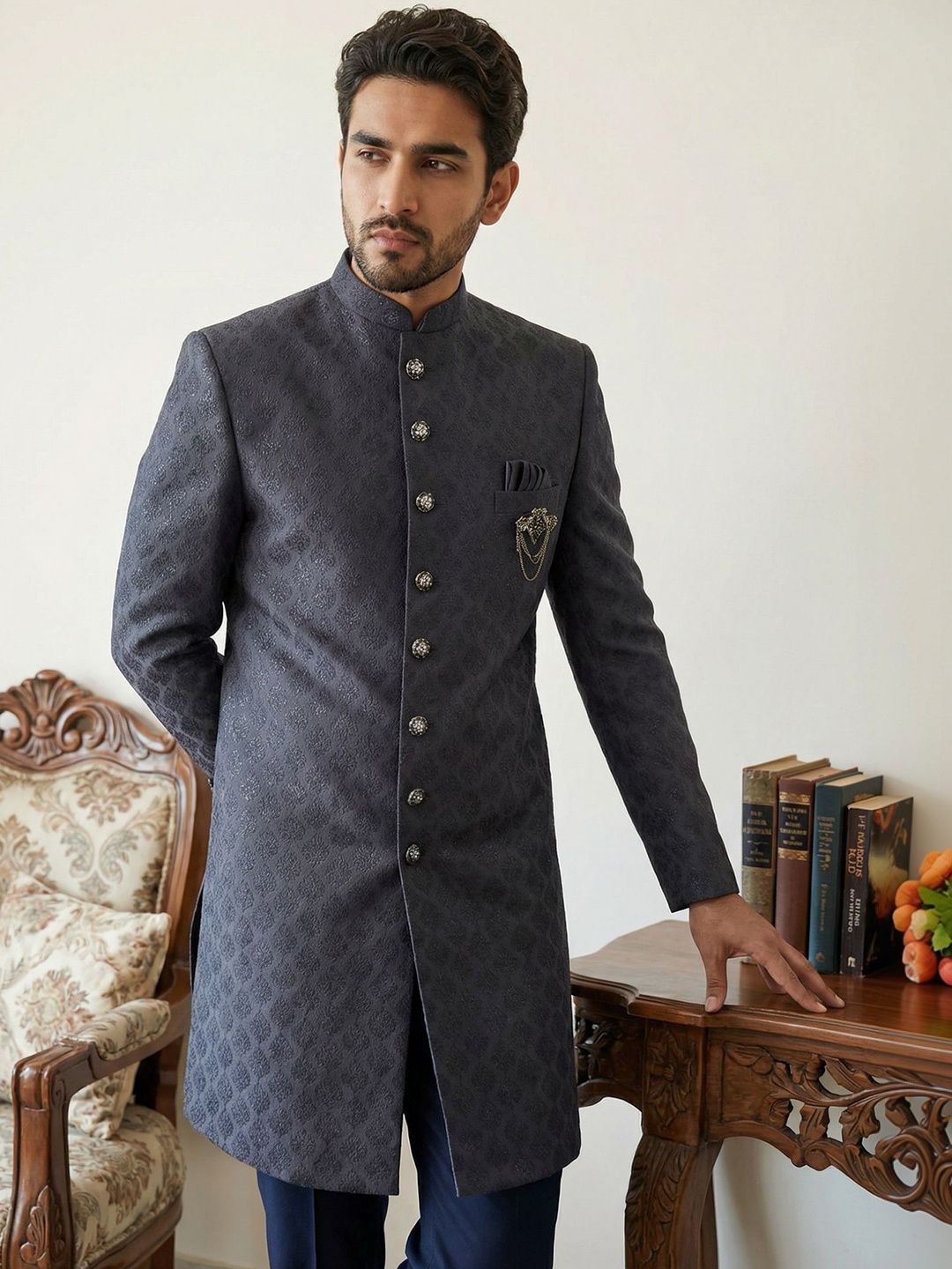 Jompers Self Design Mandarin Collar Sherwani
