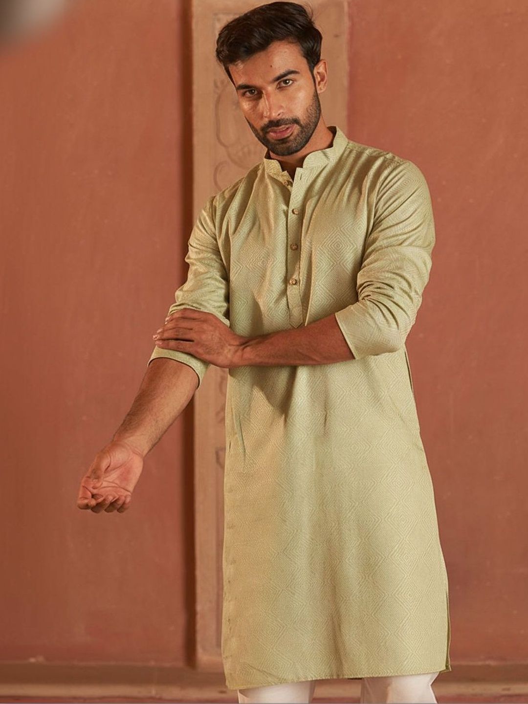 HERE&NOW Men Geometric Thread Work Pastels Jacquard Kurta