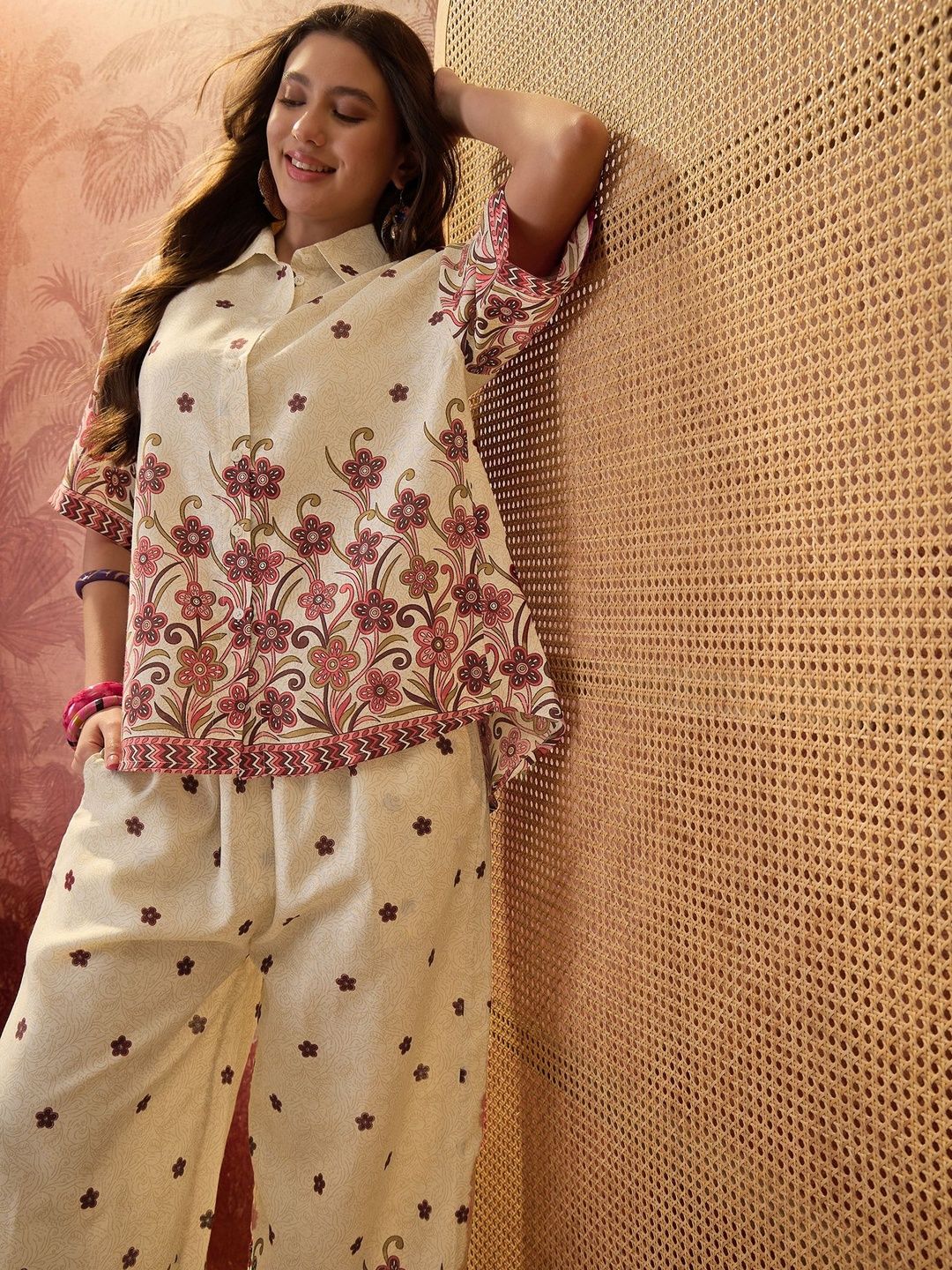 Sangria Short Sleeves Printed Shirt With Palazzo