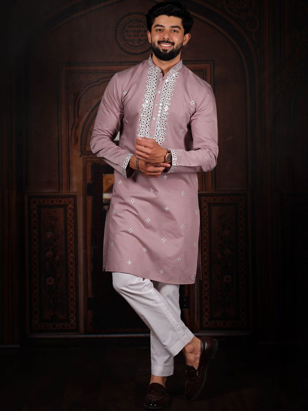 Koshin Men Ethnic Motifs Embroidered Mandarin Collar Mirror Work Cotton Straight Kurtas
