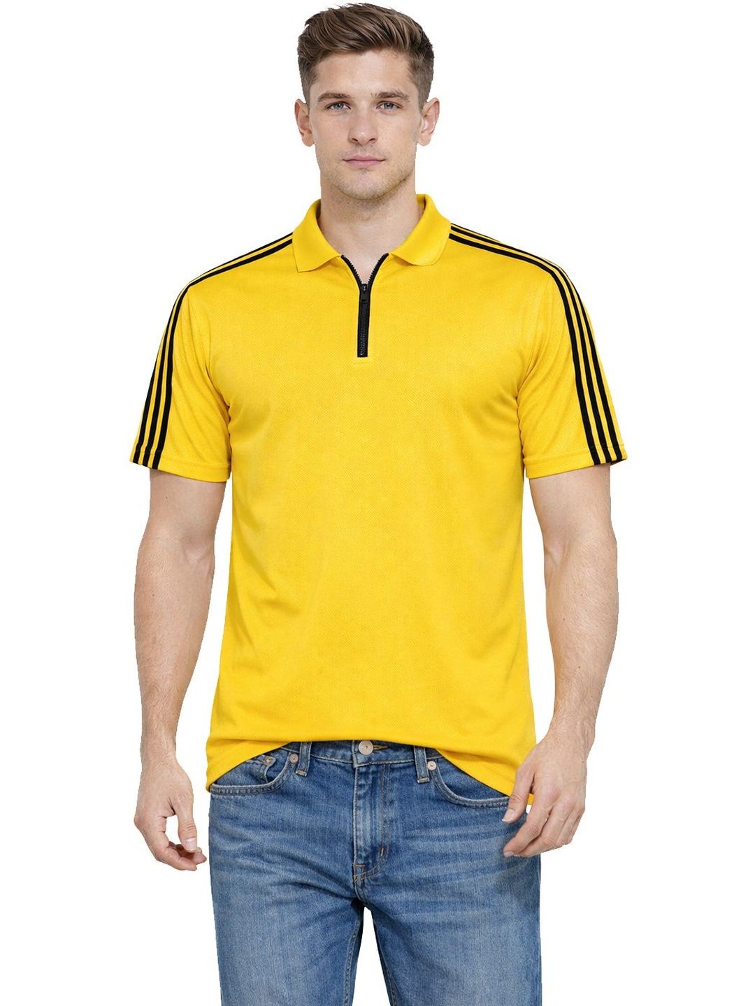 Organic Chics Yellow Striped Polo Collar Regular Fit T-shirt