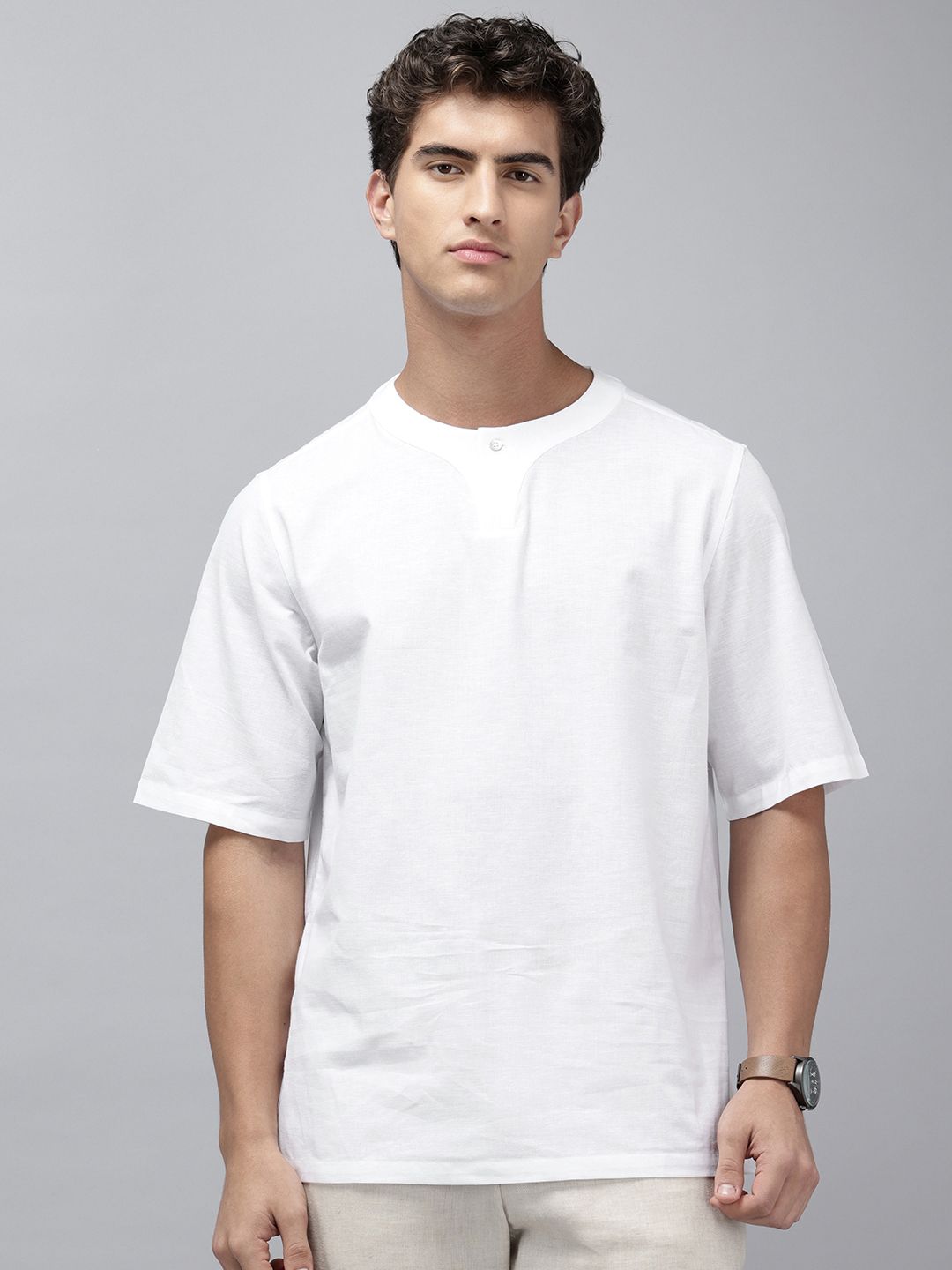NAVNIV Cotton-Linen Band Collar Straight Kurta