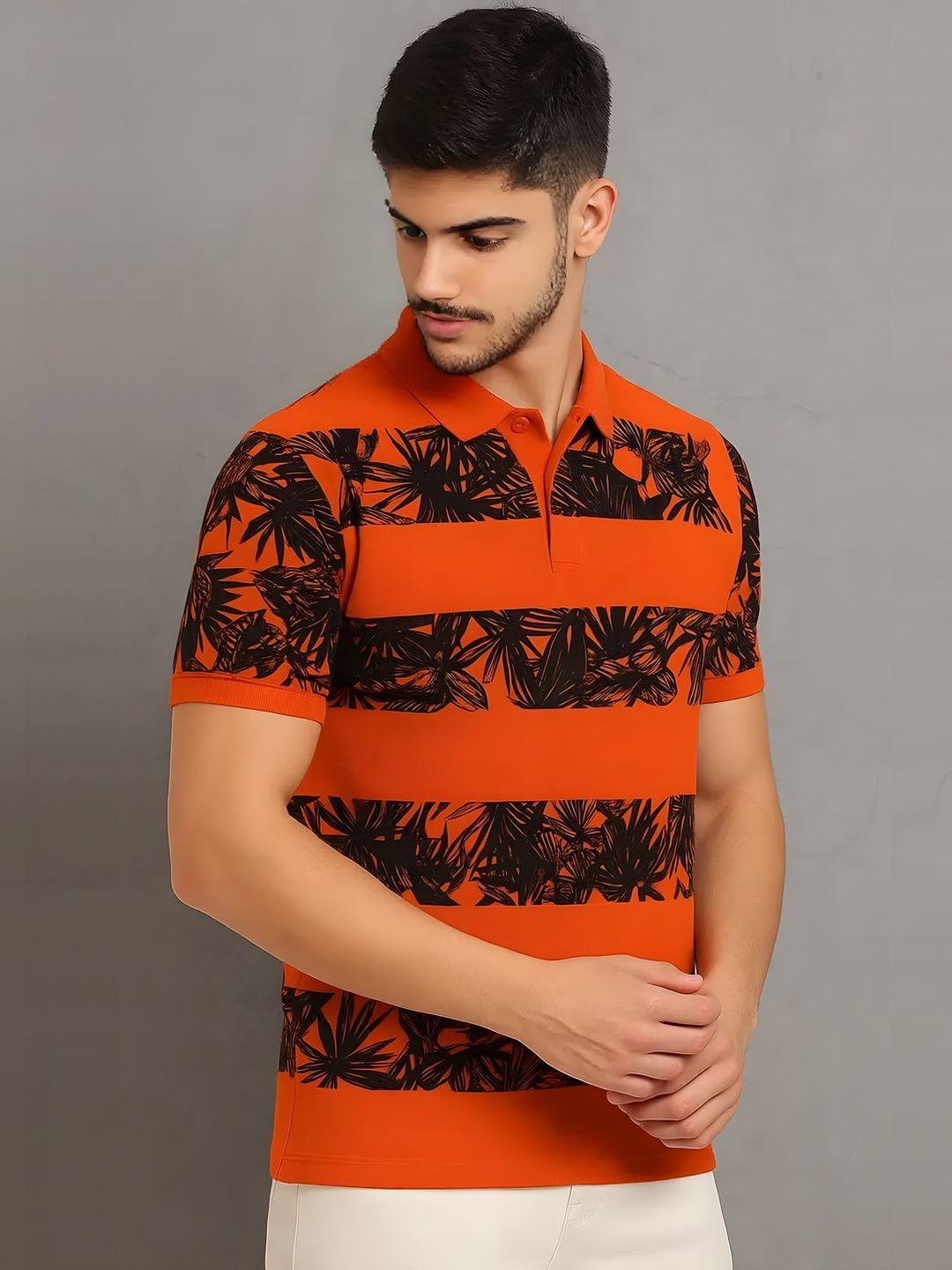 HUSHBUCKS Floral Printed Polo Collar T-shirt