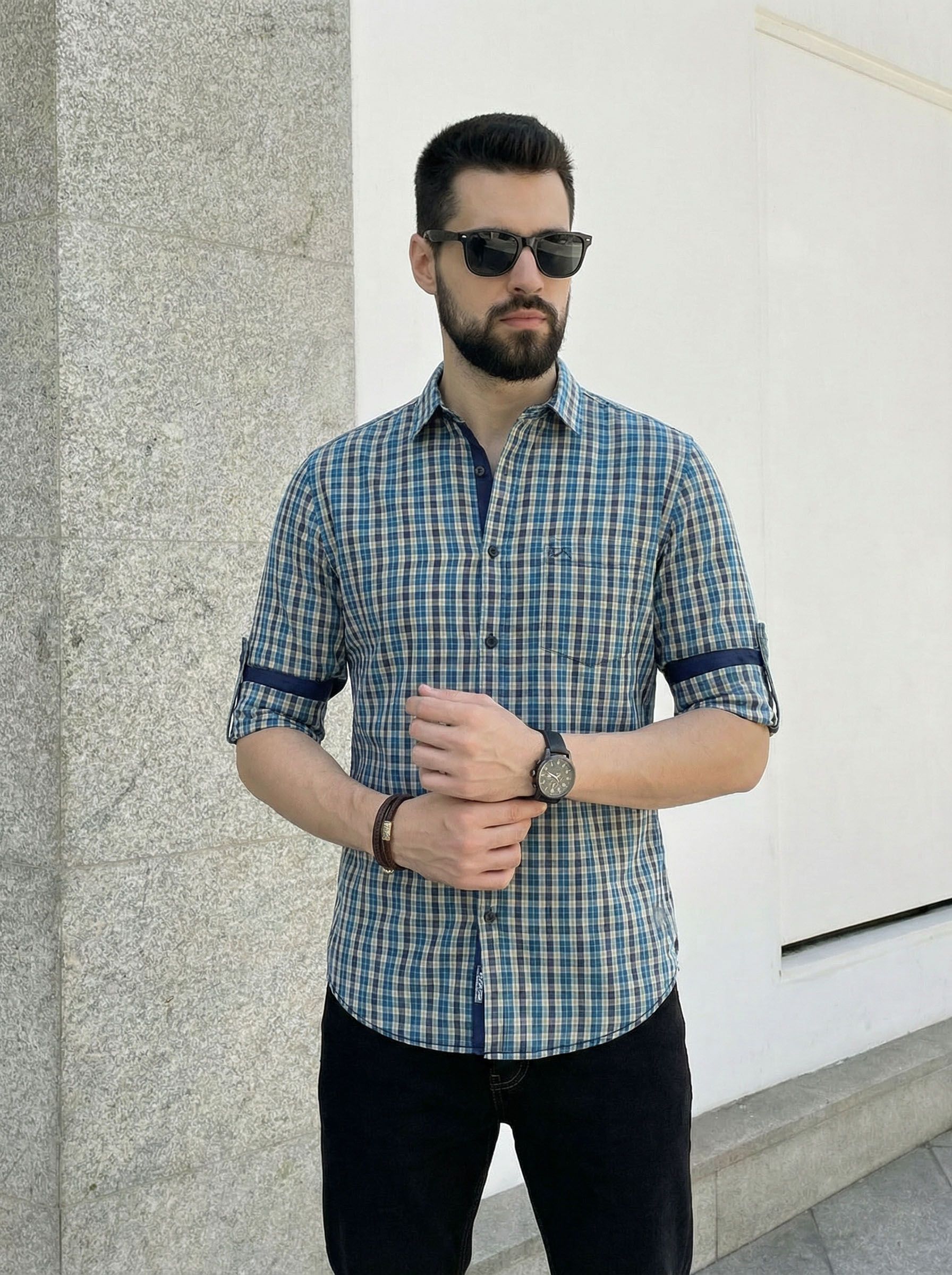 Roadster Men Blue & Green Gingham Checks Pure Cotton Casual Shirt