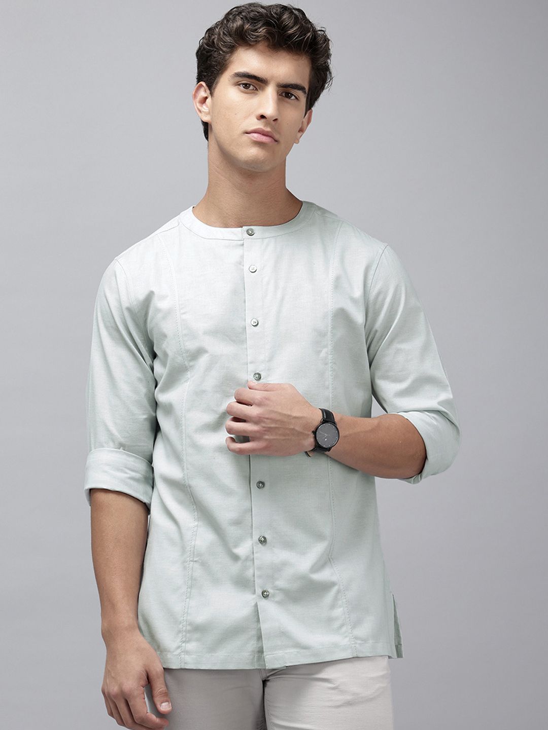 NAVNIV Cotton-Linen Band Collar Straight Kurta