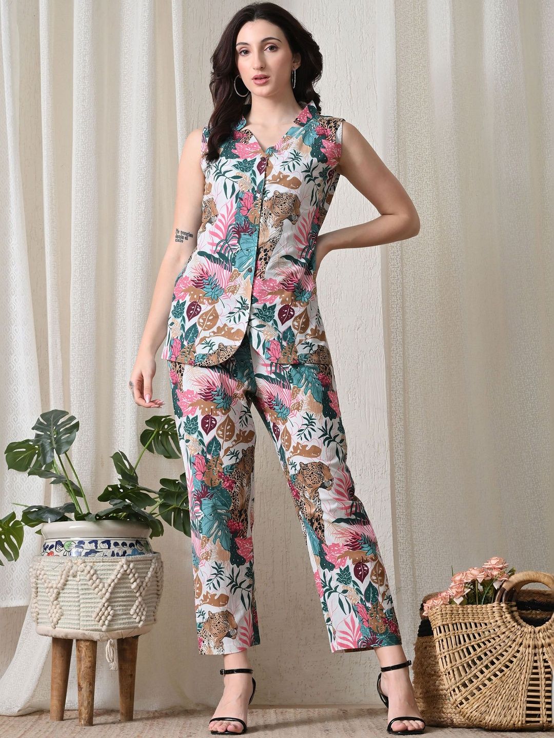 Anouk Tropical Printed Cotton Top With Trousers