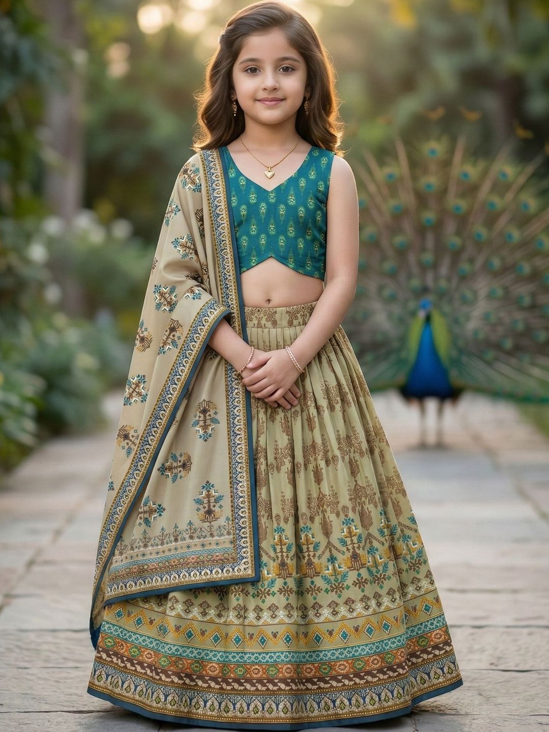 KALINI Girls Printed Ready to Wear Lehenga & Blouse With Dupatta