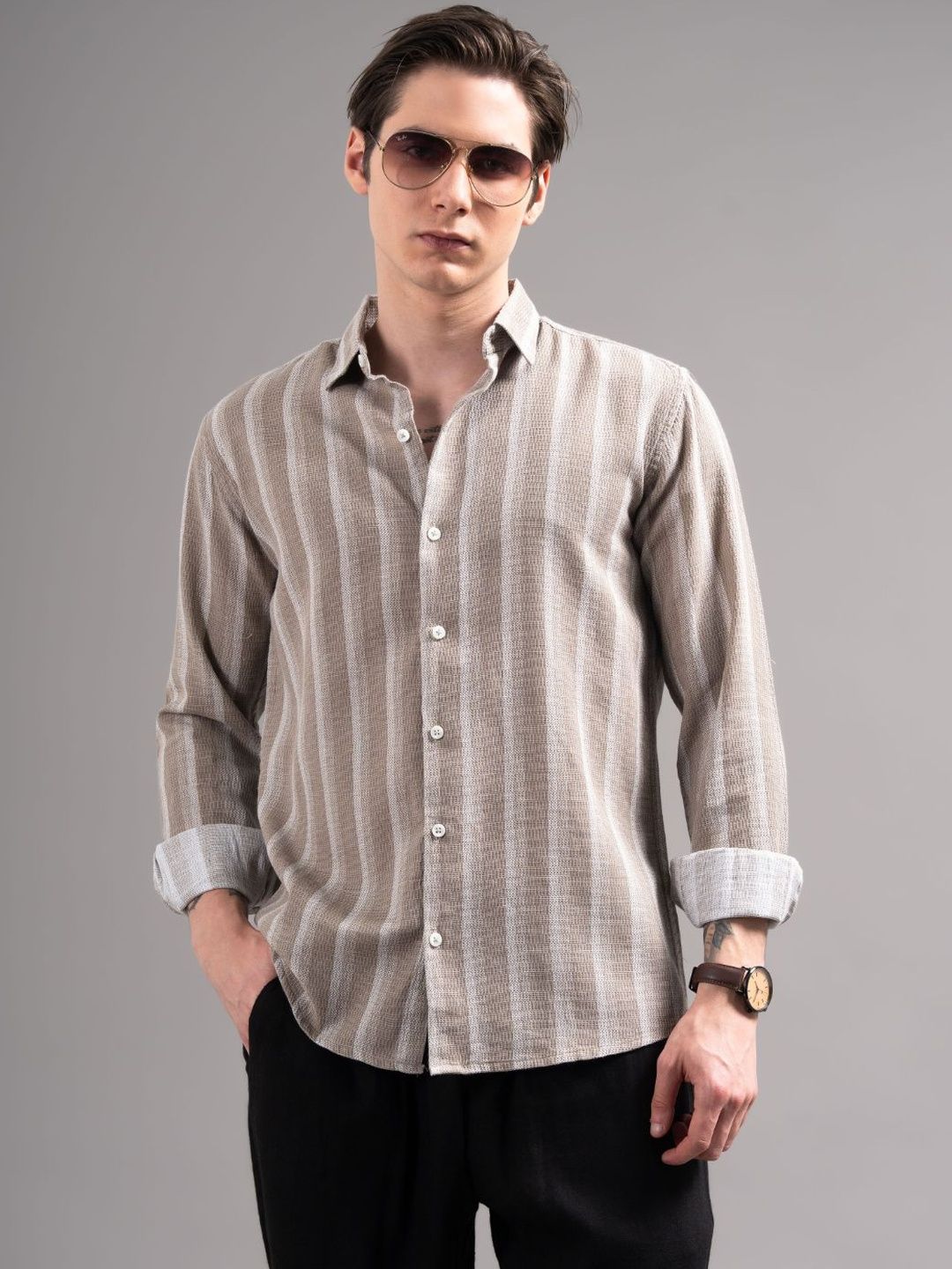 PAUL STREET Striped Spread Collar Roll-Up Sleeves Shirt