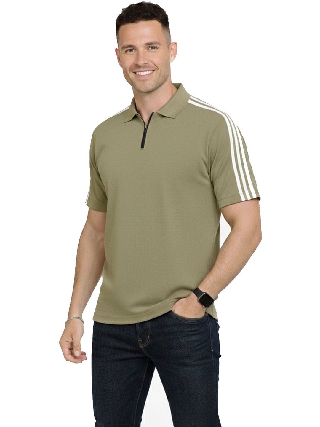 Organic Chics Olive Green Polo Collar Regular Fit T-shirt