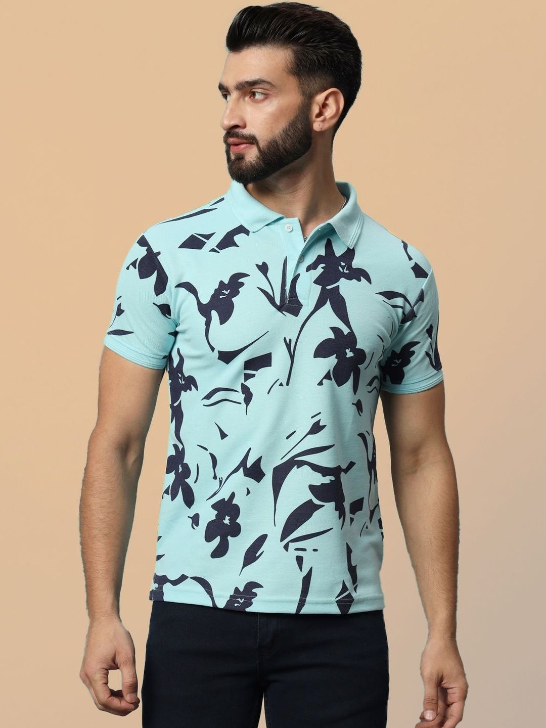 HUSHBUCKS Men Floral Printed Polo Collar T-shirt