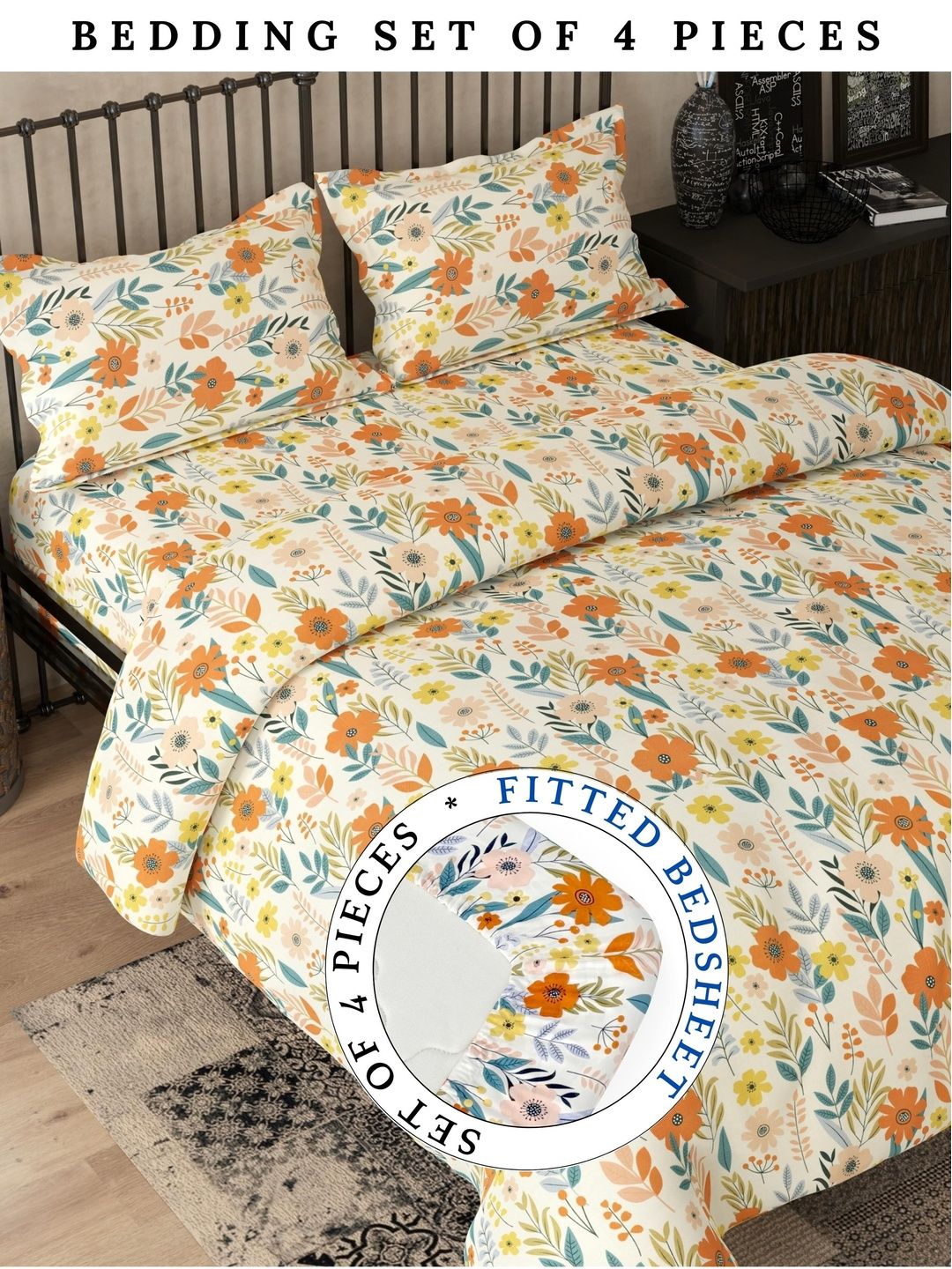 Pure Decor Orange & Yellow Floral Polycotton 4 Piece Double King Superfine Bedding Set
