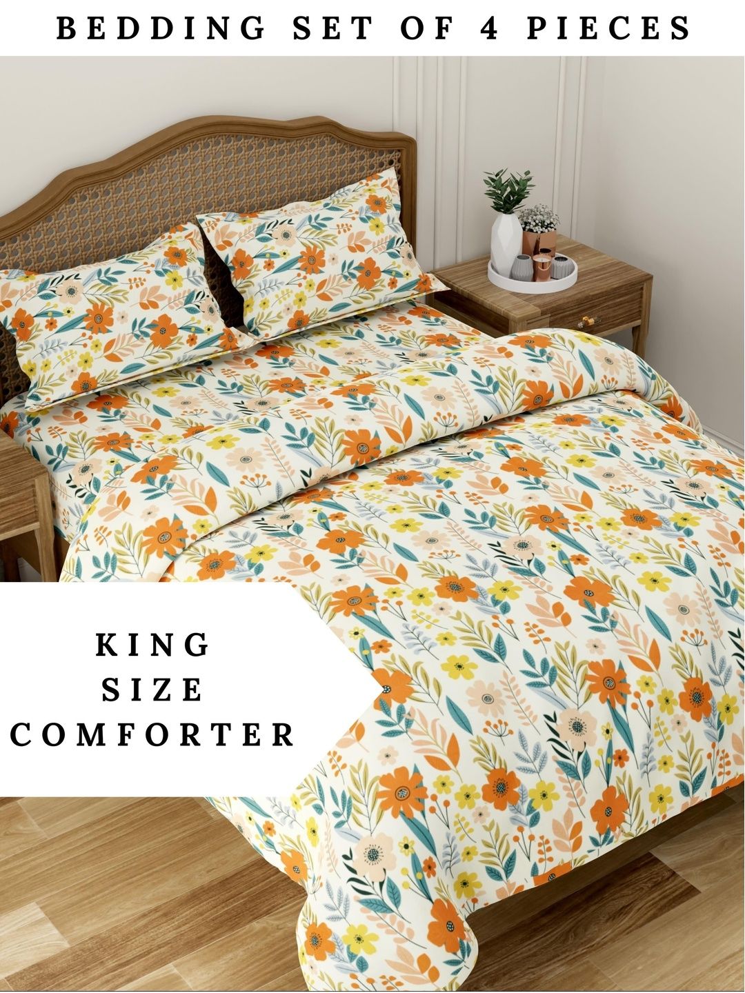 Pure Decor Orange & Yellow Floral Polycotton 4 Piece Double King Superfine Bedding Set