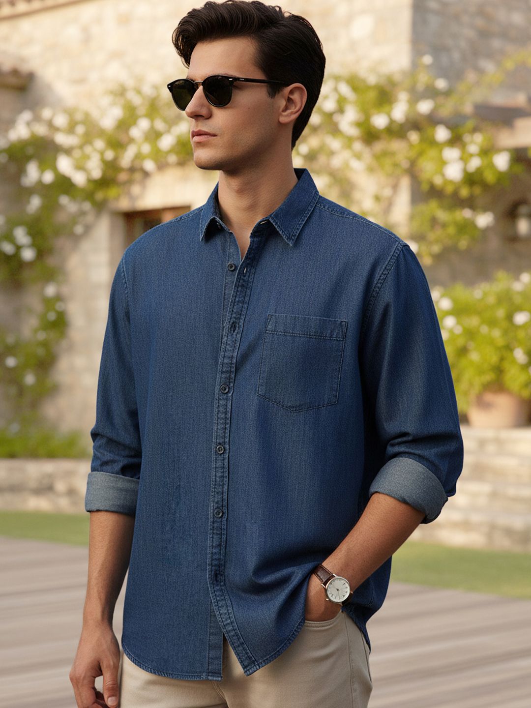 Urbano Fashion Men's Dark Blue Regular Fit Full Sleeve Solid Denim Shirt