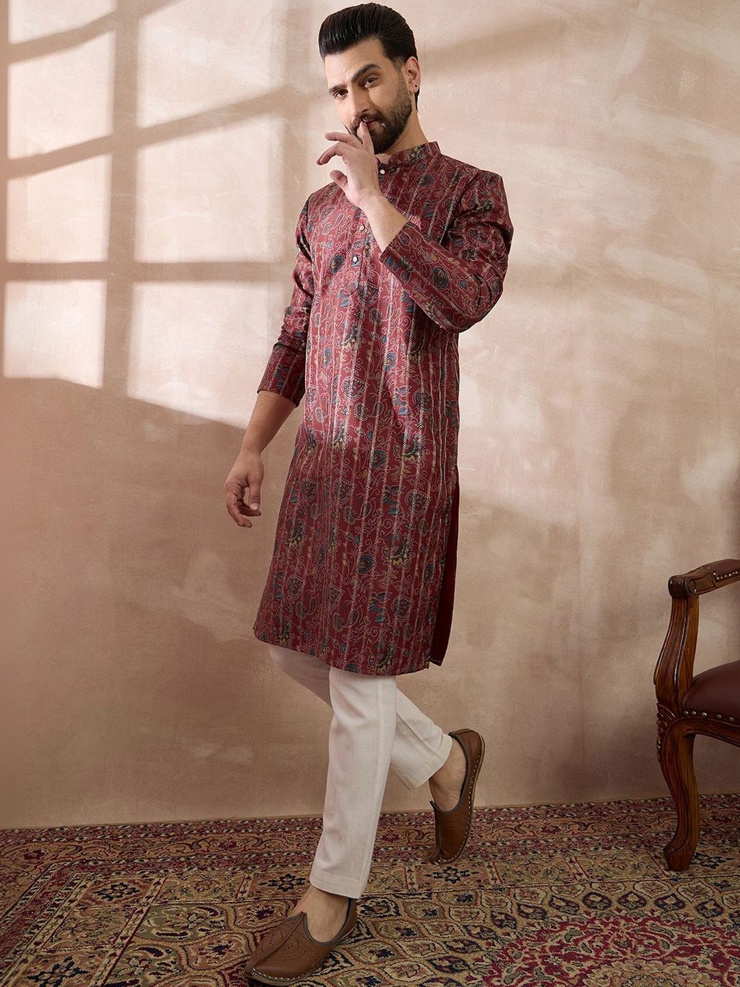 House of Pataudi House of Pataudi Printed Mandarin Collar Calf Length Straight Kurta