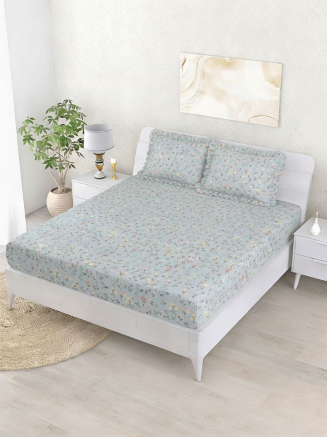 Status Grey & Yellow Premium Cotton Feel Double Fitted Bedsheet with 2 Frill Pillow Covers