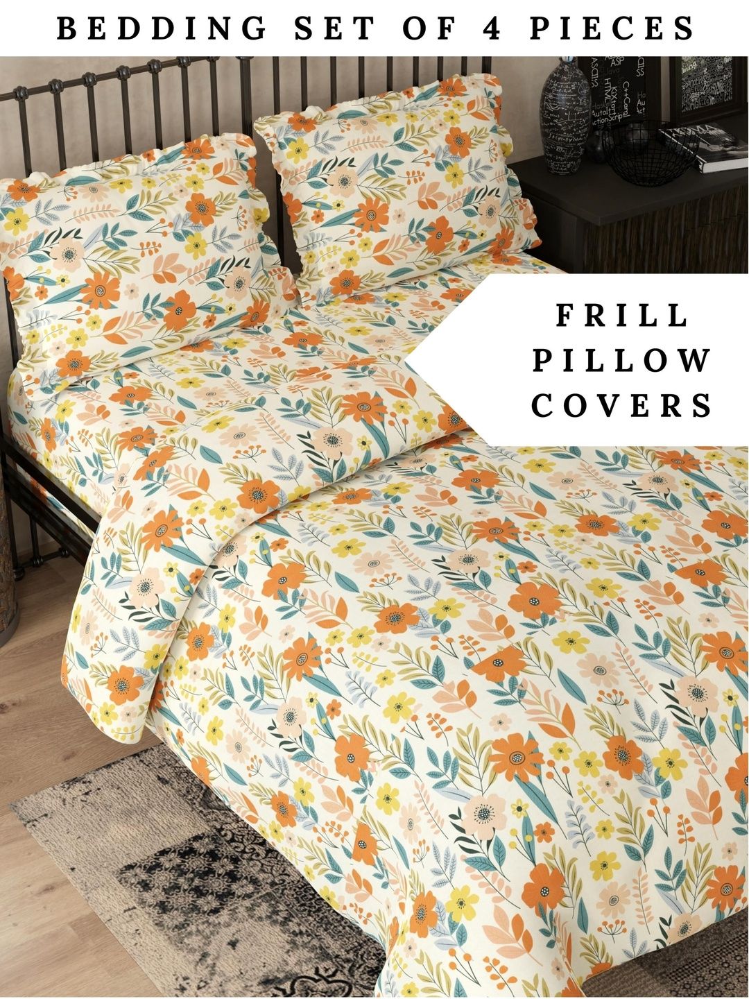 Pure Decor Orange & Yellow Floral Polycotton 4 Piece Double King Superfine Bedding Set