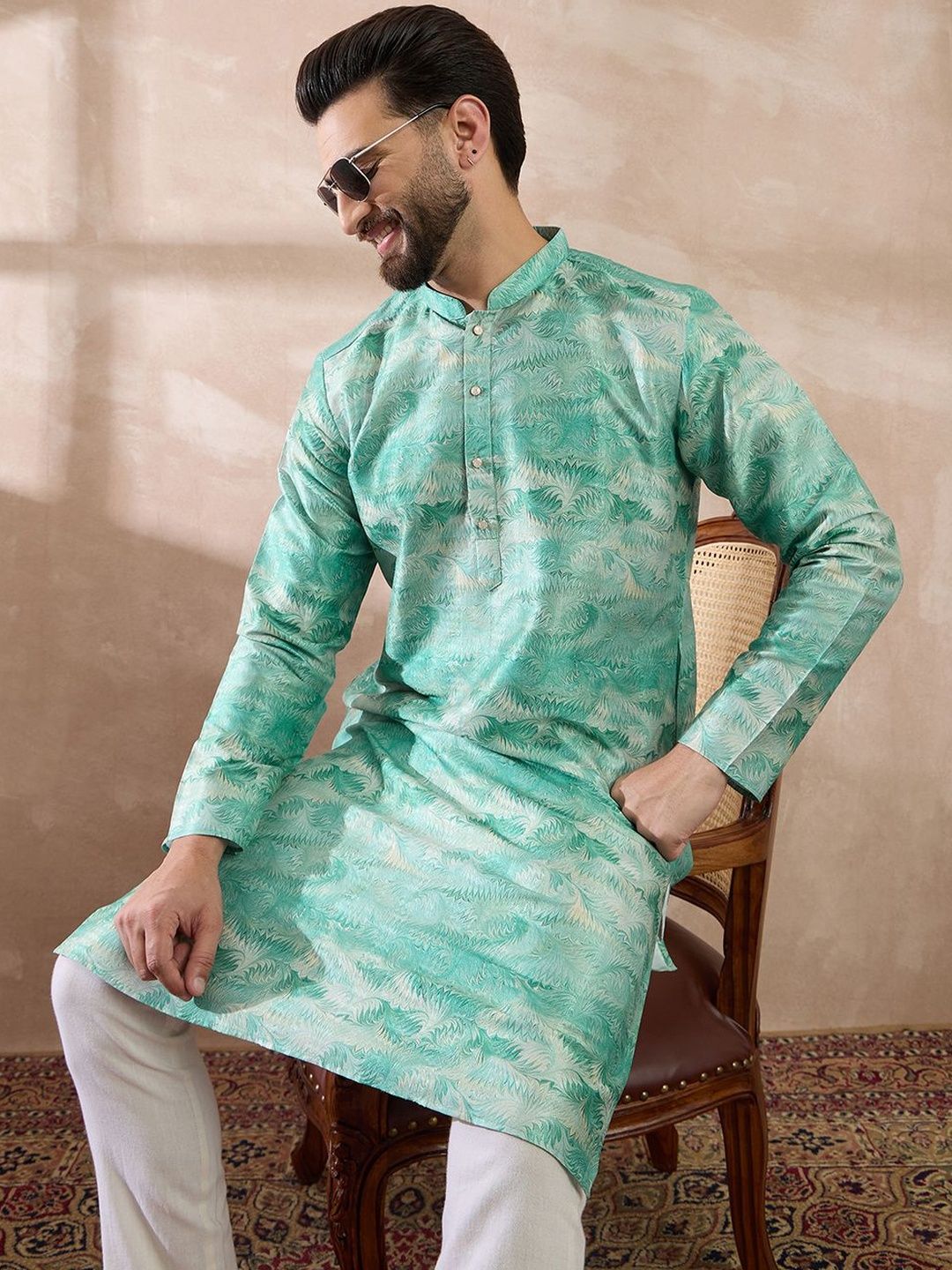 House of Pataudi Printed Silk Mandarin Collar Knee Length Straight Kurta