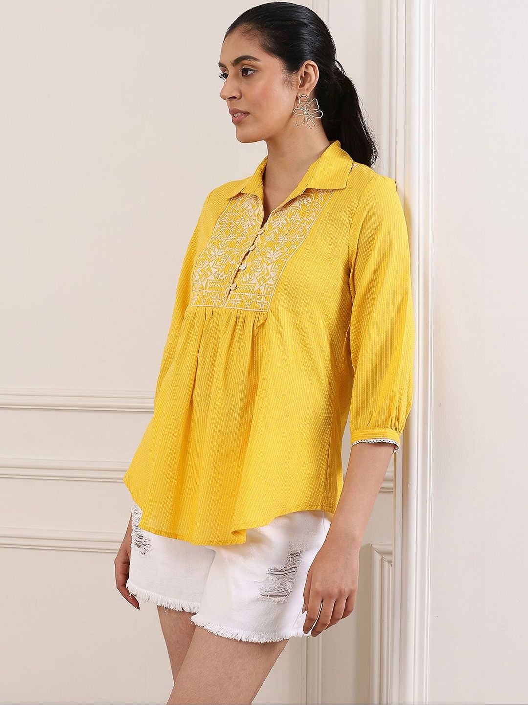 Biba Biba Embroidered Shirt Collar Pure Cotton Empire Kurti