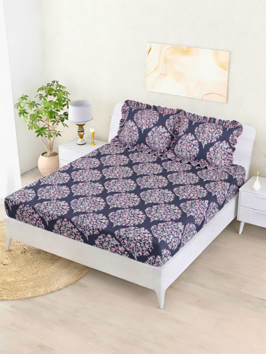Status Blue & Pink Premium Cotton Feel Double Fitted Bedsheet with 2 Frill Pillow Covers
