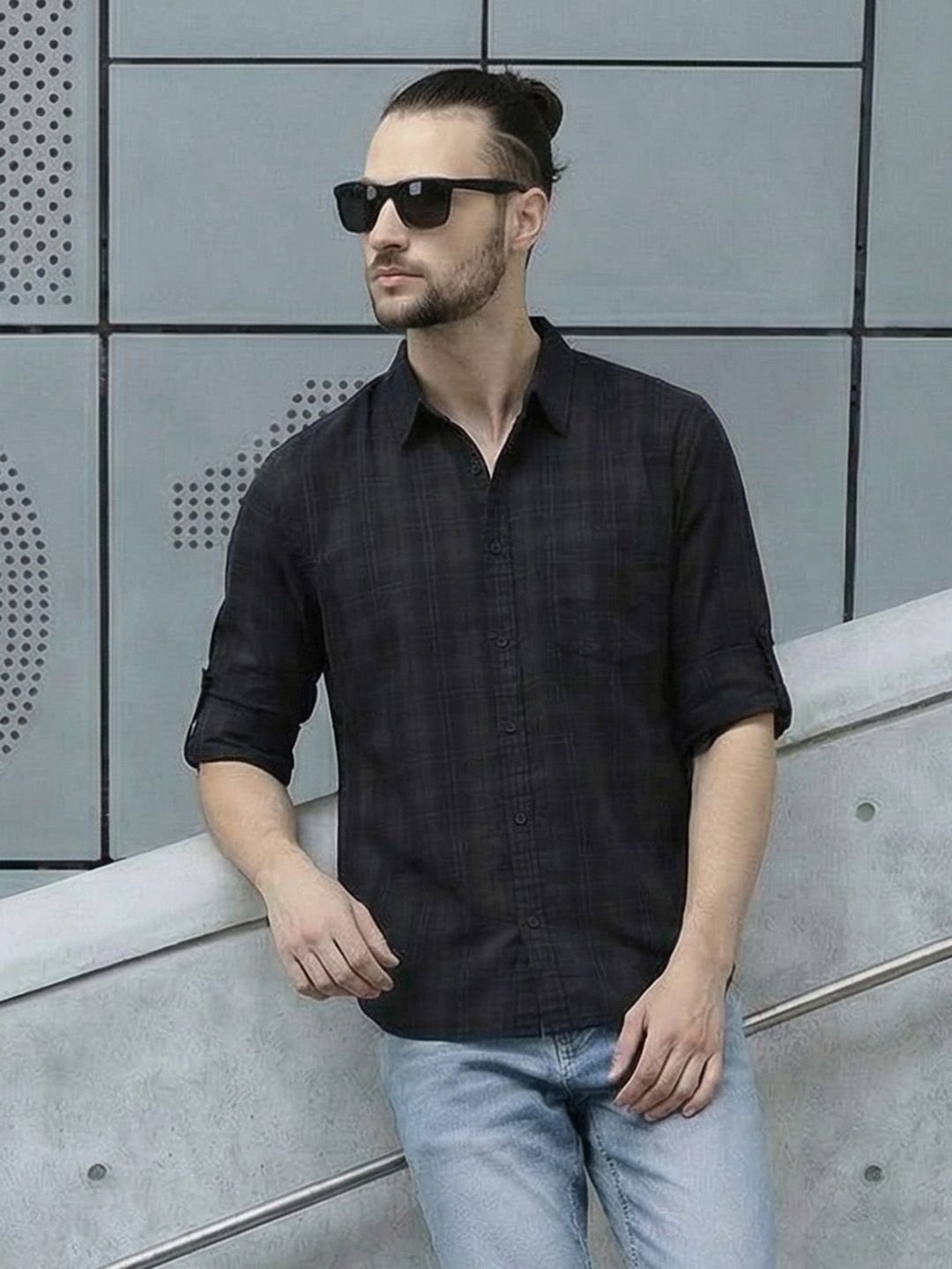 Roadster Men Black & Charcoal Grey Cotton Tartan Checks Opaque Casual Shirt
