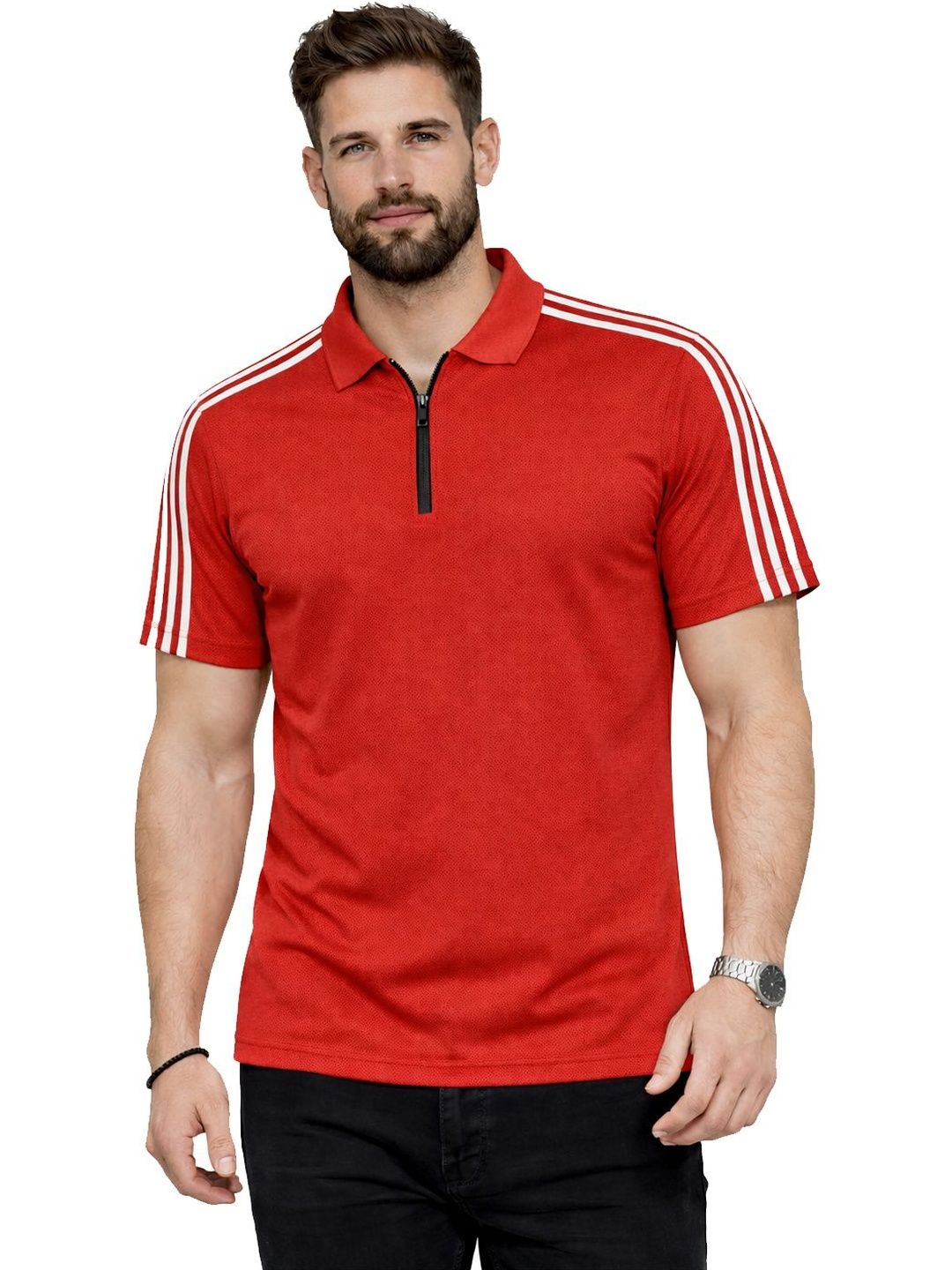 Organic Chics Red Polo Collar Regular Fit Self Design T-shirt