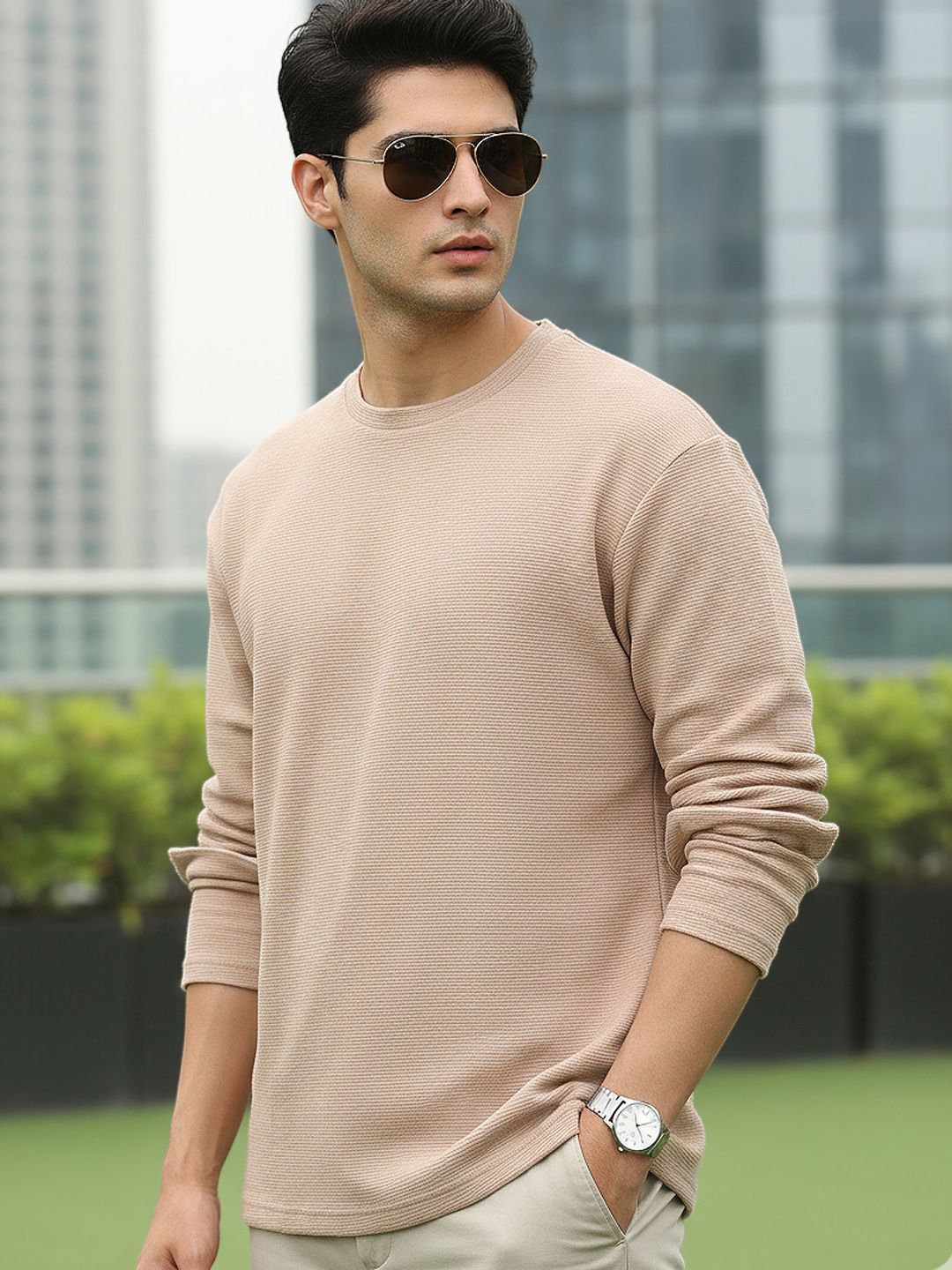 Urbano Fashion Men's Ginger Root Textured Round Neck Oversized Full Sleeve Cotton T-Shirt