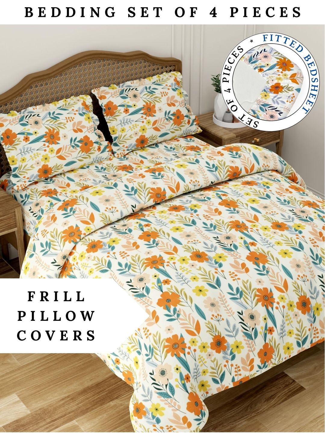 Pure Decor Orange & Yellow Floral Polycotton 4 Piece Double King Superfine Bedding Set