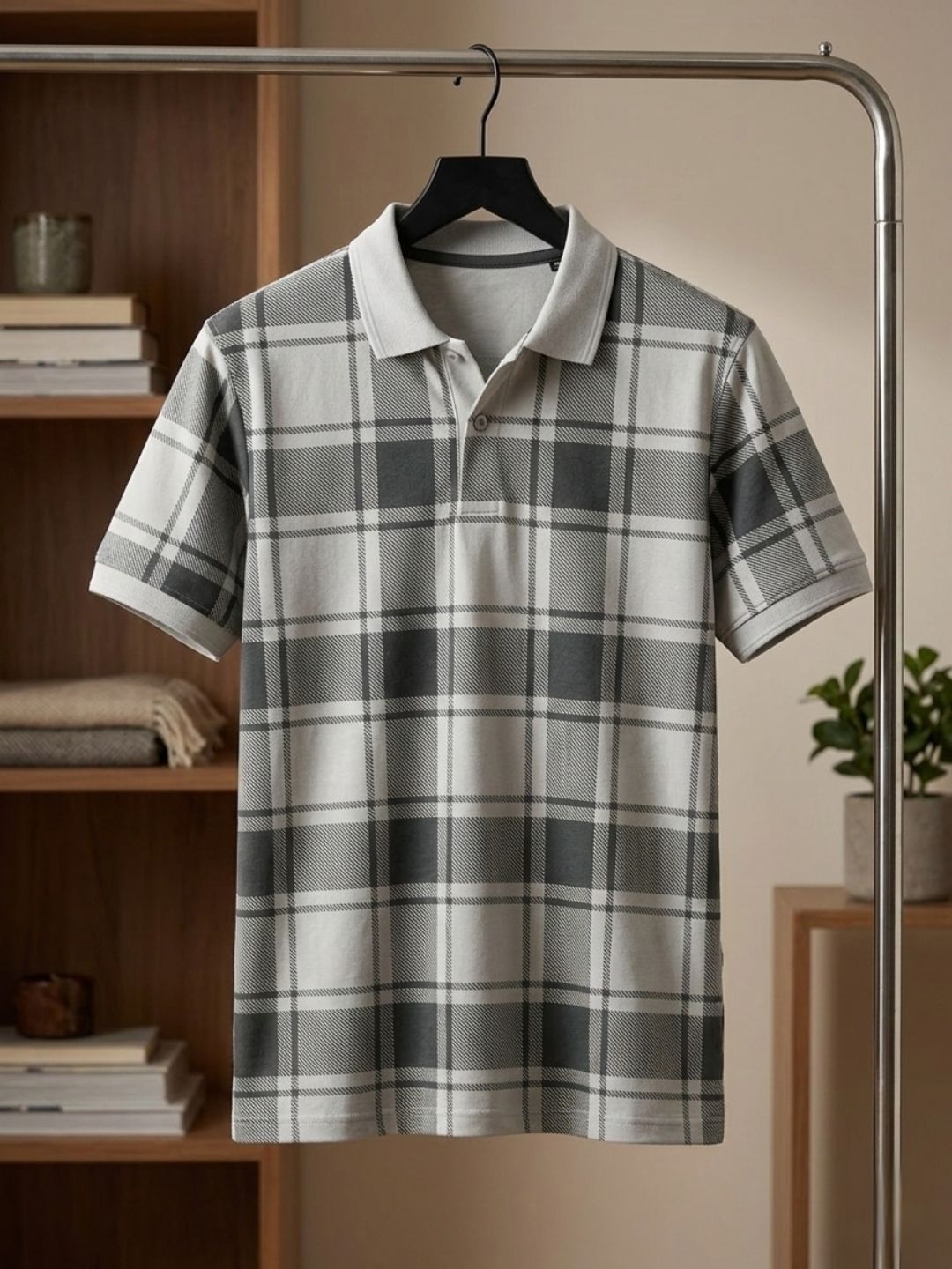 CLUB 44 Grey Checked Polo Collar T-shirt for Men