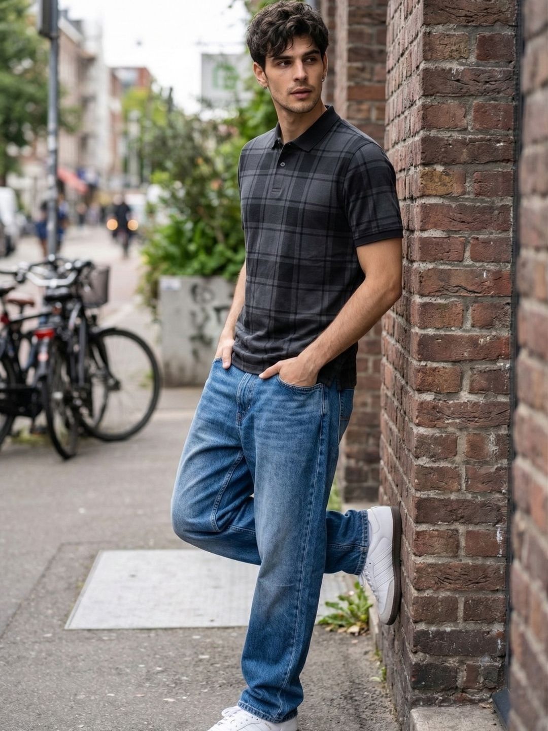 SZN Charcoal Checked Polo Collar T-shirt for Men