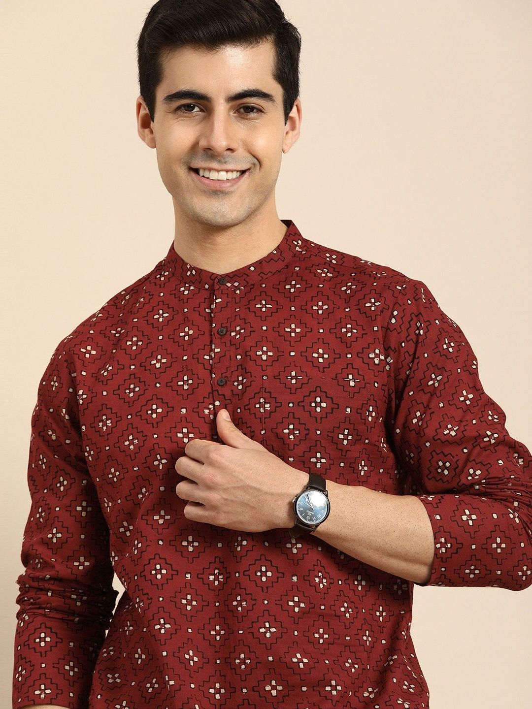 Fifth U Men Cotton Mandarin Collar Long Sleeves Geometric Printed Kurta