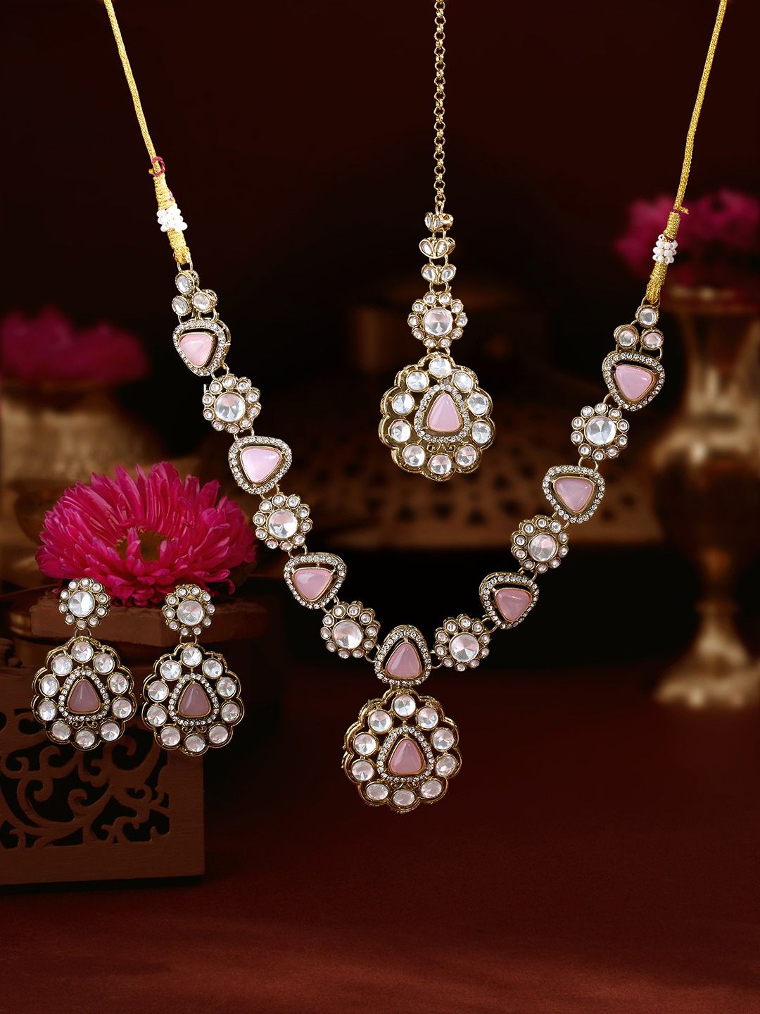 Zaveri Pearls Gold-Plated Antique Stone-Studded Maang Tika and Earrings