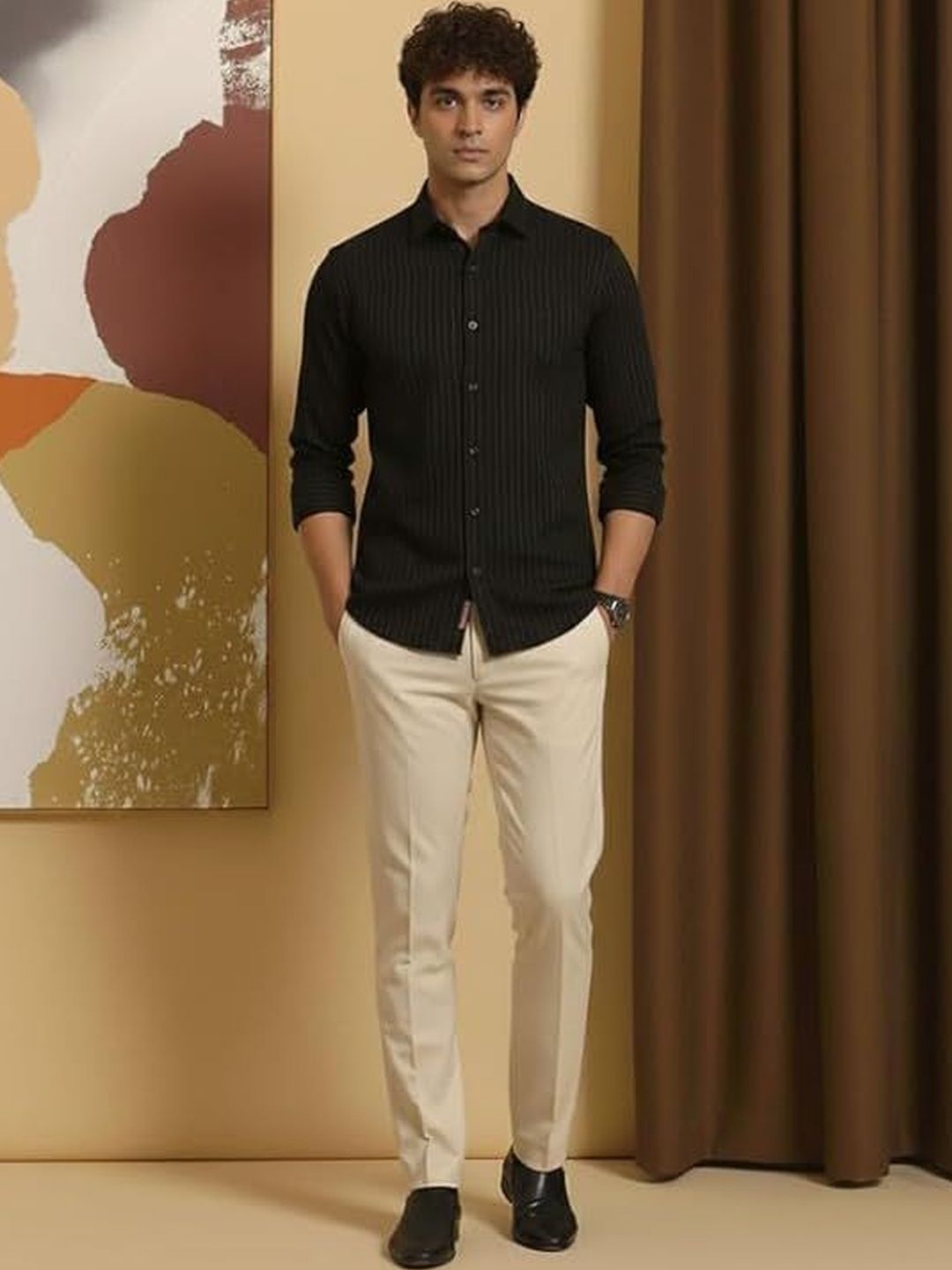 Deelmo Men Striped Spread Collar Shirt