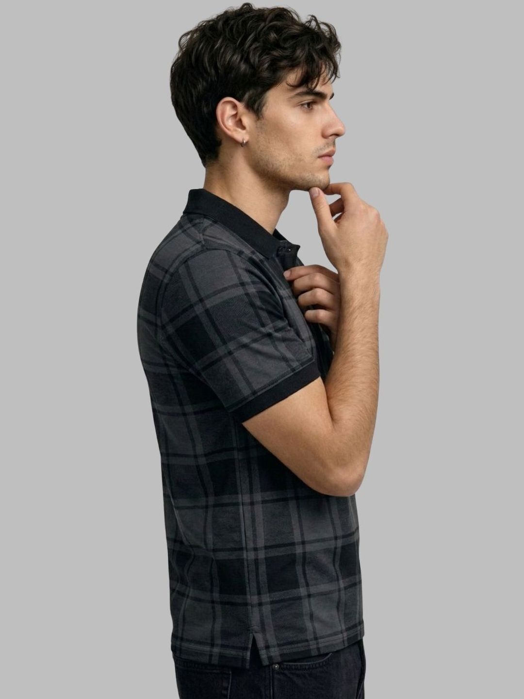 CLUB 44 Charcoal Checked Polo Collar T-shirt for Men