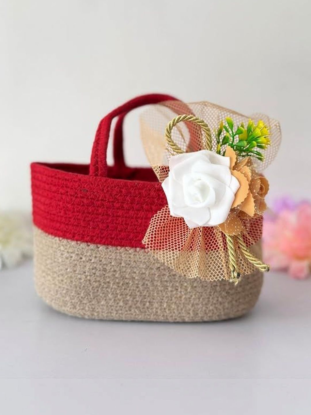 JASMEY HOMES 2Pcs Red & Beige Textured Cotton Hamper Basket Storage Sets For Family